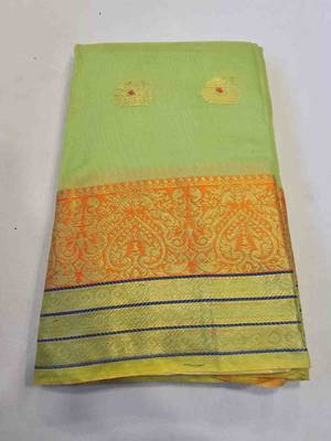 green cotton saree with golden zari butta work 1