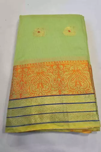 Green jacquard cotton blend golden zari butta butti woven maheshwari saree with blouse piece