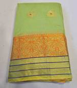 green cotton saree with golden zari butta work
