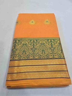 orange cotton saree with golden zari butta work 1