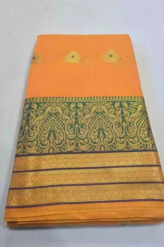 Orange jacquard cotton blend golden zari butta butti woven maheshwari saree with blouse piece