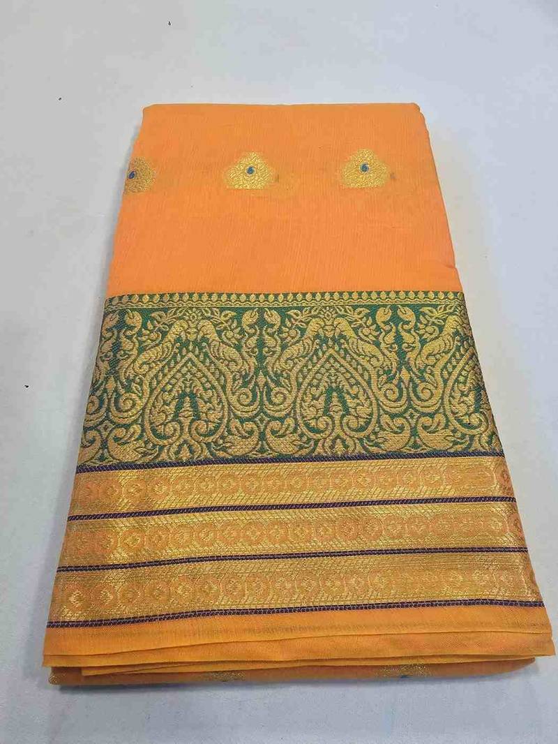 Orange jacquard cotton blend golden zari butta butti woven maheshwari saree with blouse piece