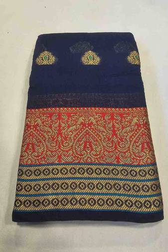 navy blue cotton saree with golden zari butta work