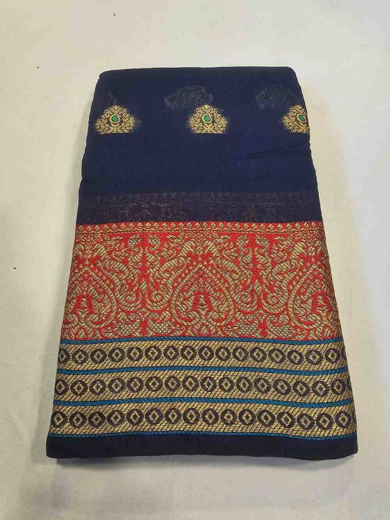 Navy blue jacquard cotton blend golden zari butta butti woven maheshwari saree with blouse piece