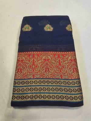navy blue cotton saree with golden zari butta work 1
