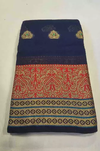 Navy blue jacquard cotton blend golden zari butta butti woven maheshwari saree with blouse piece