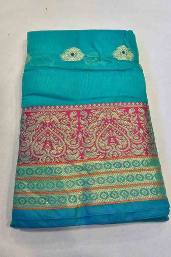 Ocean green jacquard cotton blend golden zari butta butti woven maheshwari saree with blouse piece