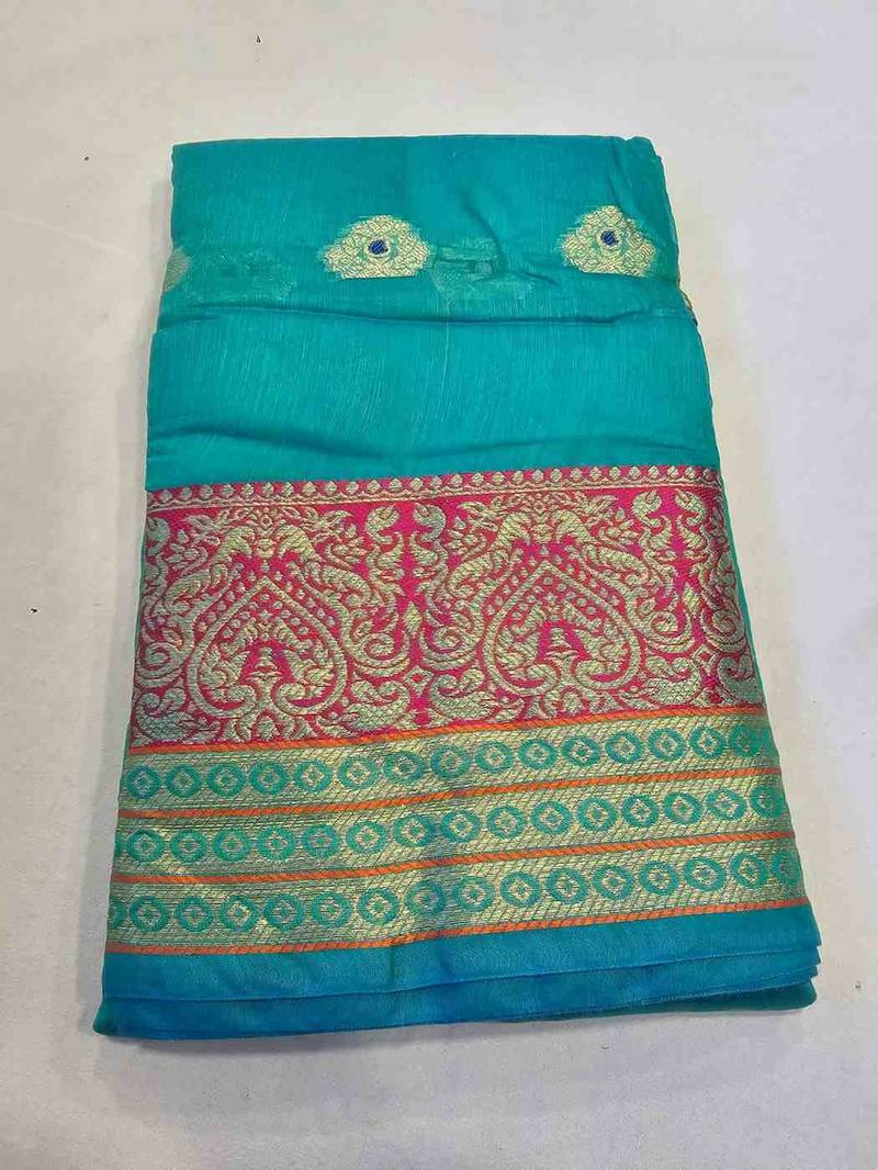Ocean green jacquard cotton blend golden zari butta butti woven maheshwari saree with blouse piece