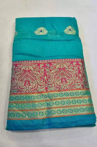 Ocean green jacquard cotton blend golden zari butta butti woven maheshwari saree with blouse piece