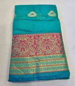 ocean green cotton saree with golden zari butta