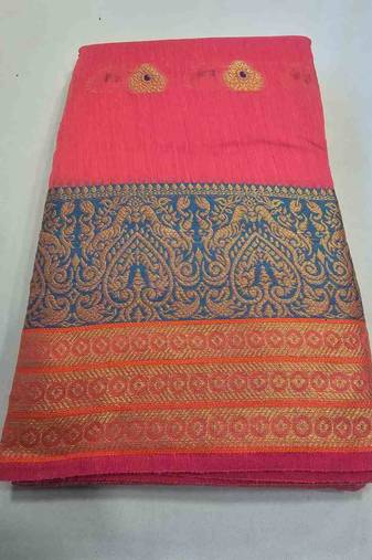 Pink jacquard cotton blend golden zari butta butti woven maheshwari saree with blouse piece