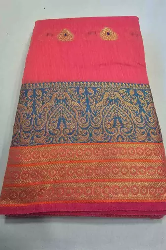 Pink jacquard cotton blend golden zari butta butti woven maheshwari saree with blouse piece