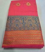 pink cotton saree with golden zari butta work
