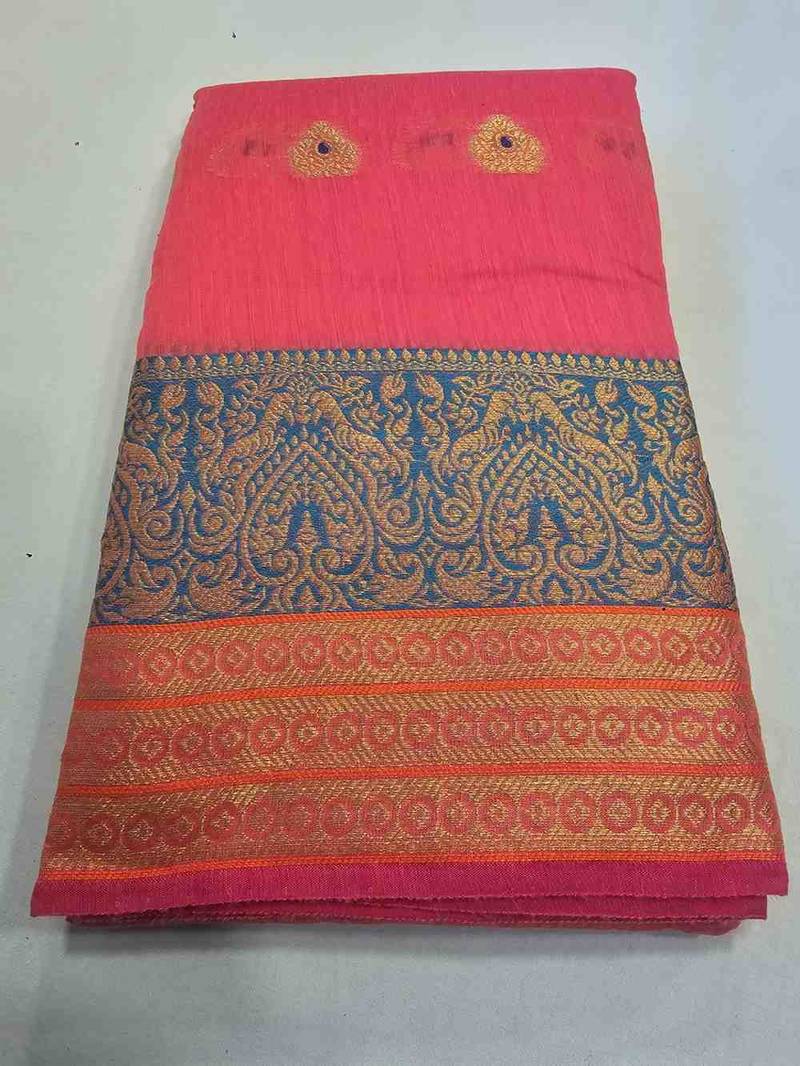 Pink jacquard cotton blend golden zari butta butti woven maheshwari saree with blouse piece