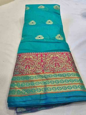 ocean green cotton saree with golden zari butta 2