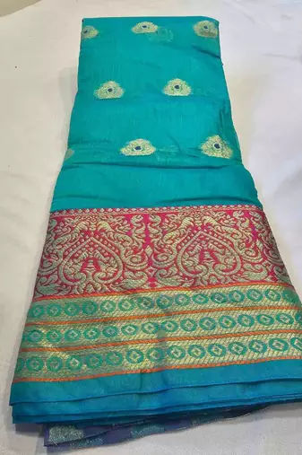 ocean green cotton saree with golden zari butta