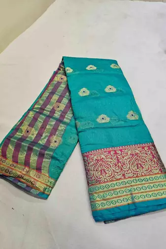 ocean green cotton saree with golden zari butta