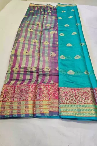 ocean green cotton saree with golden zari butta