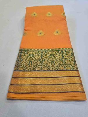 orange cotton saree with golden zari butta work 2