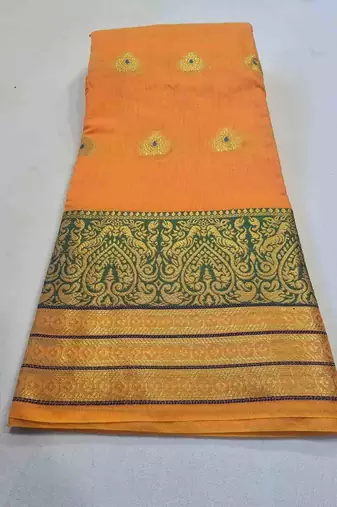 orange cotton saree with golden zari butta work