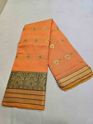 orange cotton saree with golden zari butta work 3