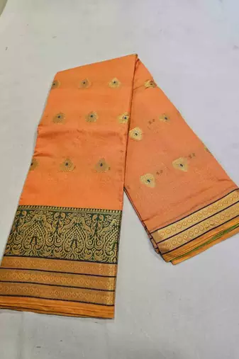 orange cotton saree with golden zari butta work