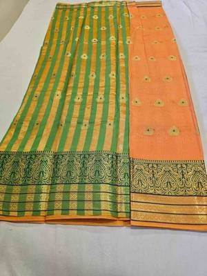 orange cotton saree with golden zari butta work 4
