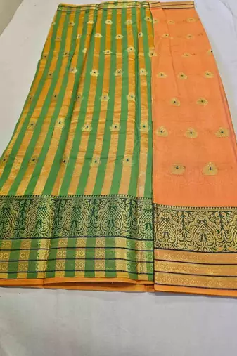 orange cotton saree with golden zari butta work