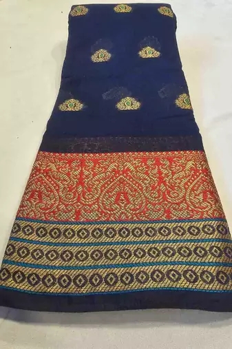 navy blue cotton saree with golden zari butta work