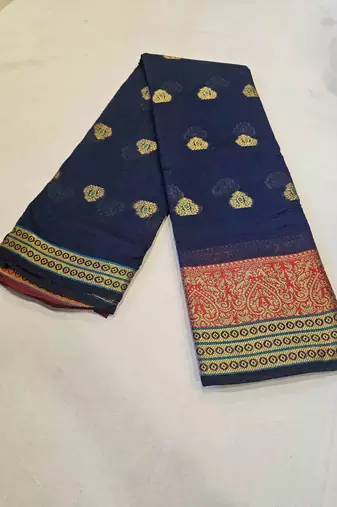navy blue cotton saree with golden zari butta work