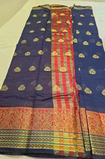 navy blue cotton saree with golden zari butta work