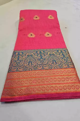 pink cotton saree with golden zari butta work