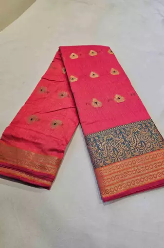 pink cotton saree with golden zari butta work