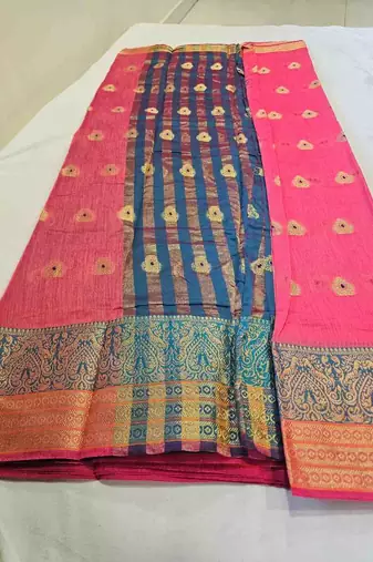 pink cotton saree with golden zari butta work
