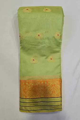 green cotton saree with golden zari butta work