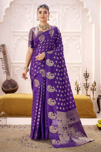 purple roop silk blend zari woven saree with unstitched blouse | mirraw