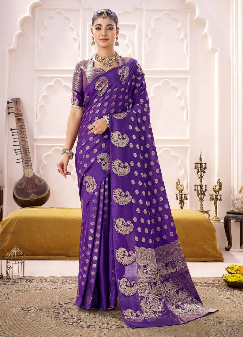 purple roop silk blend zari woven saree with unstitched blouse | mirraw