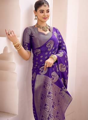 purple roop silk blend zari woven saree with unstitched blouse | mirraw 3
