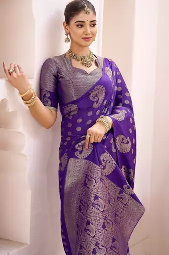purple roop silk blend zari woven saree with unstitched blouse | mirraw