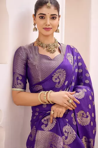 purple roop silk blend zari woven saree with unstitched blouse | mirraw