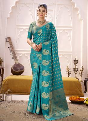 sky blue roop silk blend zari weaving saree with lace touch blouse 1