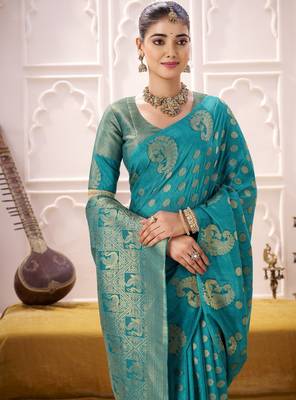 sky blue roop silk blend zari weaving saree with lace touch blouse 3