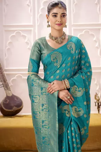 sky blue roop silk blend zari weaving saree with lace touch blouse