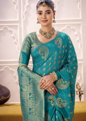 sky blue roop silk blend zari weaving saree with lace touch blouse 5
