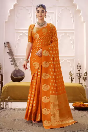 orange roop silk blend zari woven saree for festive & wedding wear