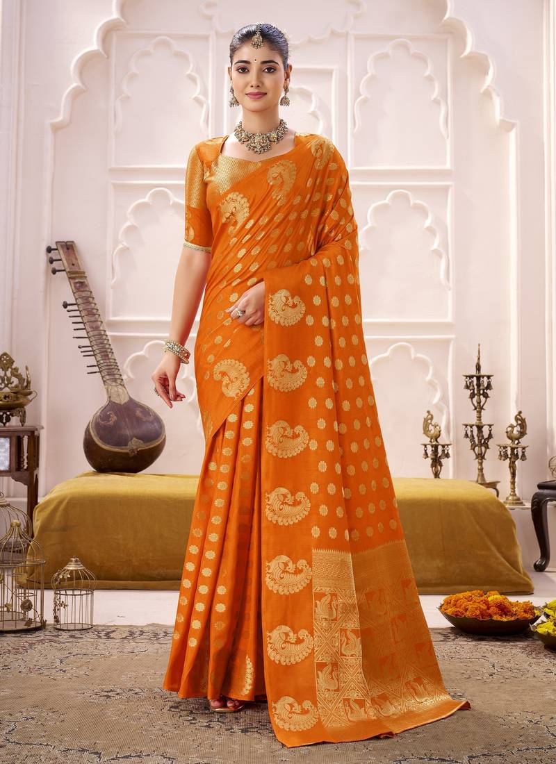 orange roop silk blend zari woven saree for festive & wedding wear