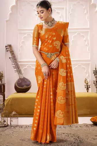 orange roop silk blend zari woven saree for festive & wedding wear