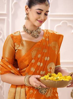 orange roop silk blend zari woven saree for festive & wedding wear 3