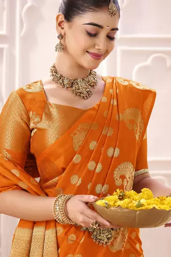 orange roop silk blend zari woven saree for festive & wedding wear