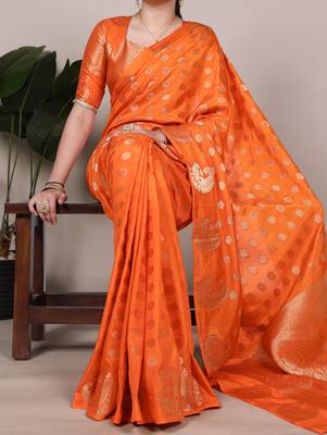 orange roop silk blend zari woven saree for festive & wedding wear 5